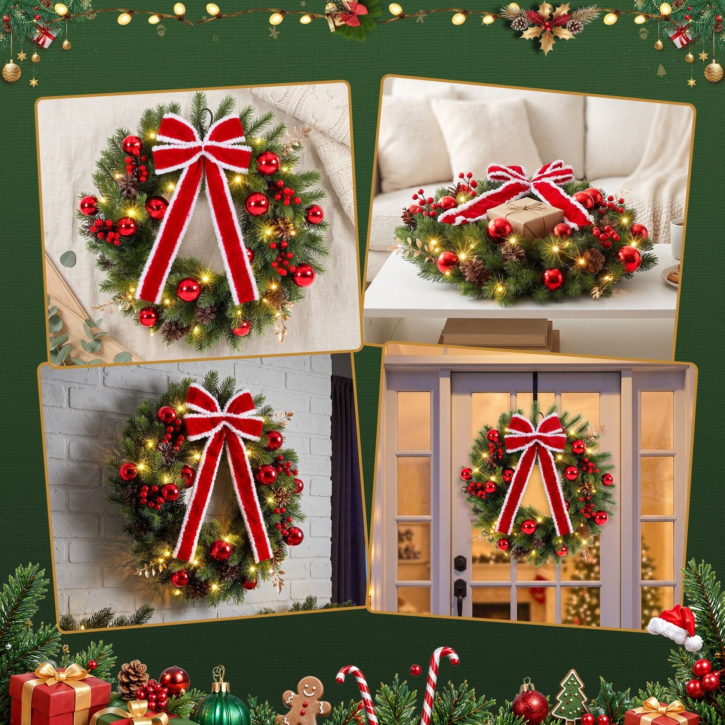 Jingle Jollys Occasions > Christmas > Christmas Wreaths & Garlands Jingle Jollys 60cm Pre-lit Christmas Wreath Garlands LED Light Front Door Decor Bow