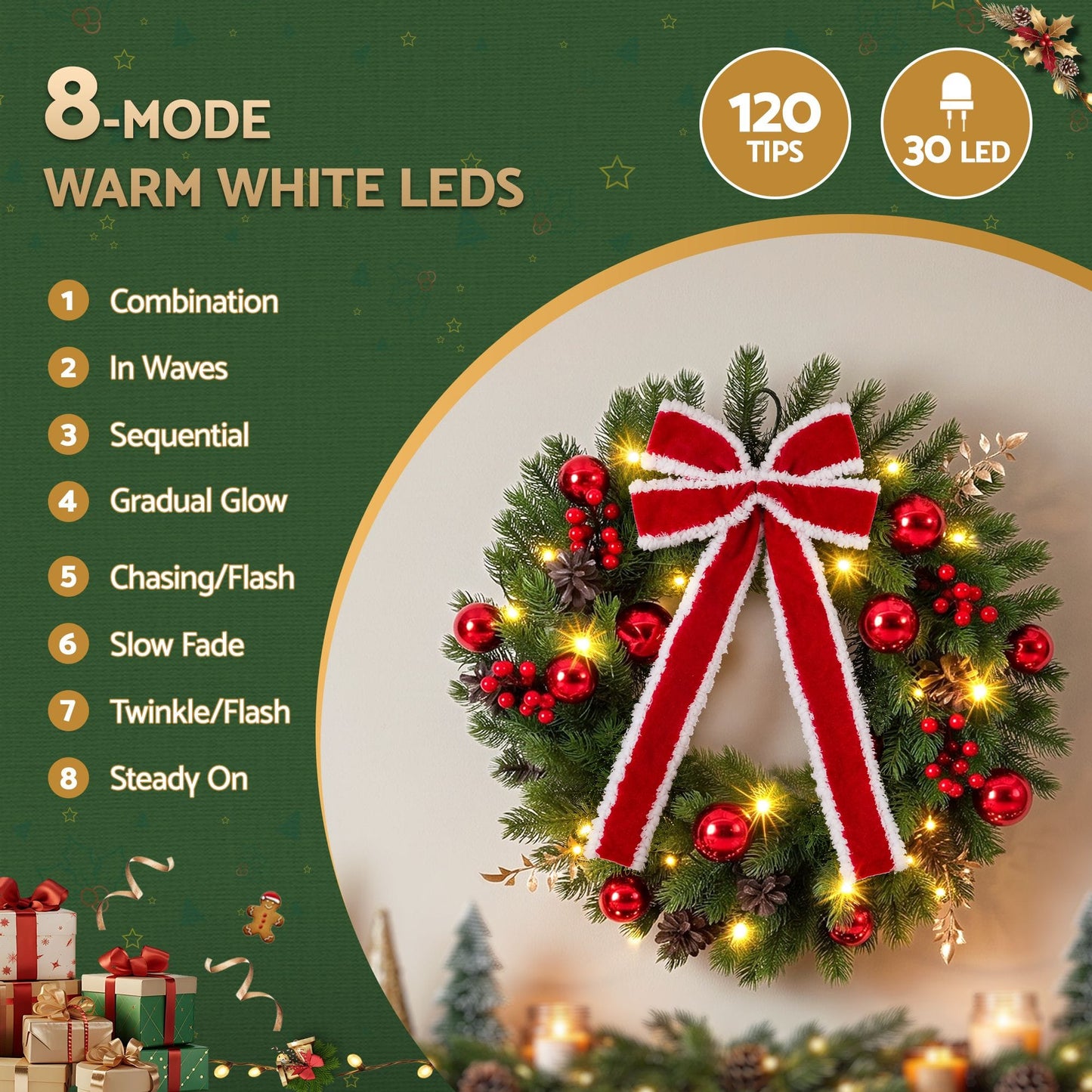 Jingle Jollys Occasions > Christmas > Christmas Wreaths & Garlands Jingle Jollys 60cm Pre-lit Christmas Wreath Garlands LED Light Front Door Decor Bow