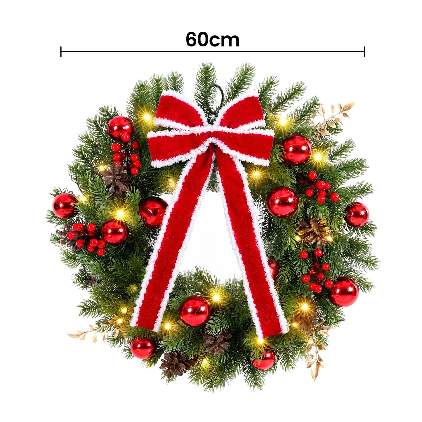 Jingle Jollys Occasions > Christmas > Christmas Wreaths & Garlands Jingle Jollys 60cm Pre-lit Christmas Wreath Garlands LED Light Front Door Decor Bow