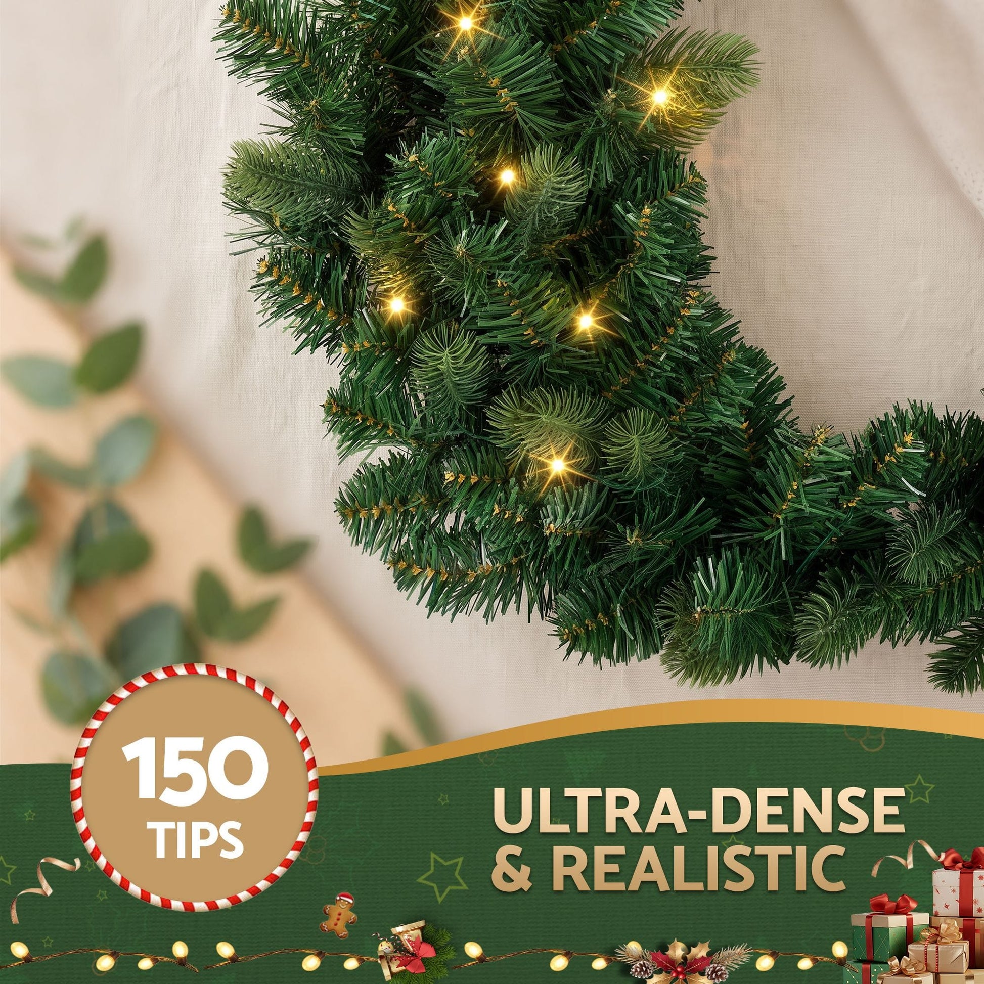 Jingle Jollys Occasions > Christmas > Christmas Wreaths & Garlands Jingle Jollys 60cm Pre-Lit Christmas Wreath GarlandsWarm White LED Light Door Wreaths Battery Timer