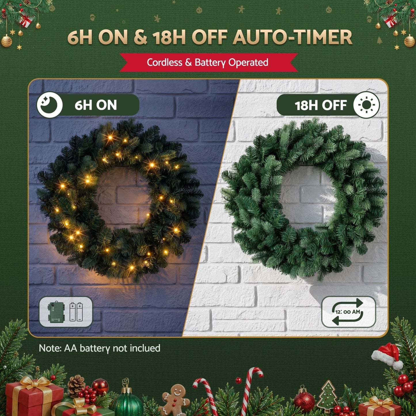 Jingle Jollys Occasions > Christmas > Christmas Wreaths & Garlands Jingle Jollys 60cm Pre-Lit Christmas Wreath GarlandsWarm White LED Light Door Wreaths Battery Timer