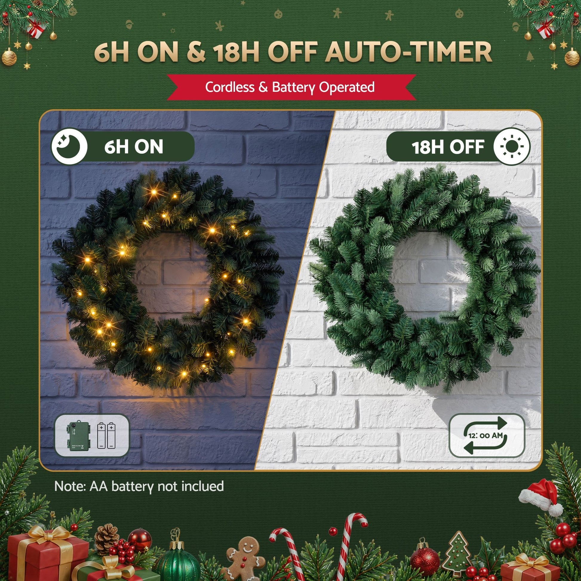 Jingle Jollys Occasions > Christmas > Christmas Wreaths & Garlands Jingle Jollys 60cm Pre-Lit Christmas Wreath GarlandsWarm White LED Light Door Wreaths Battery Timer