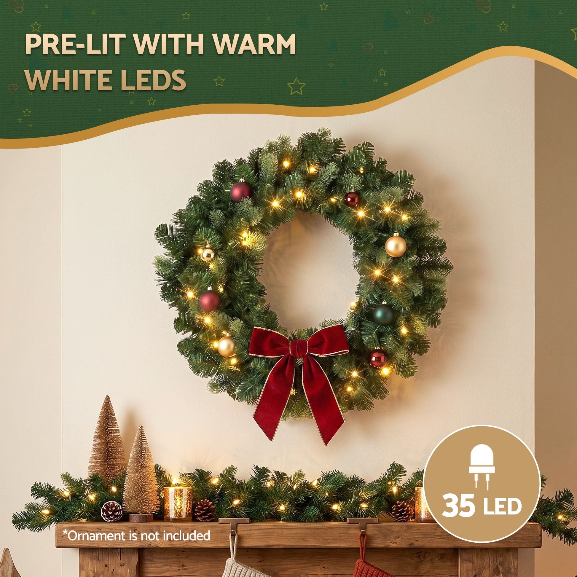 Jingle Jollys Occasions > Christmas > Christmas Wreaths & Garlands Jingle Jollys 60cm Pre-Lit Christmas Wreath GarlandsWarm White LED Light Door Wreaths Battery Timer