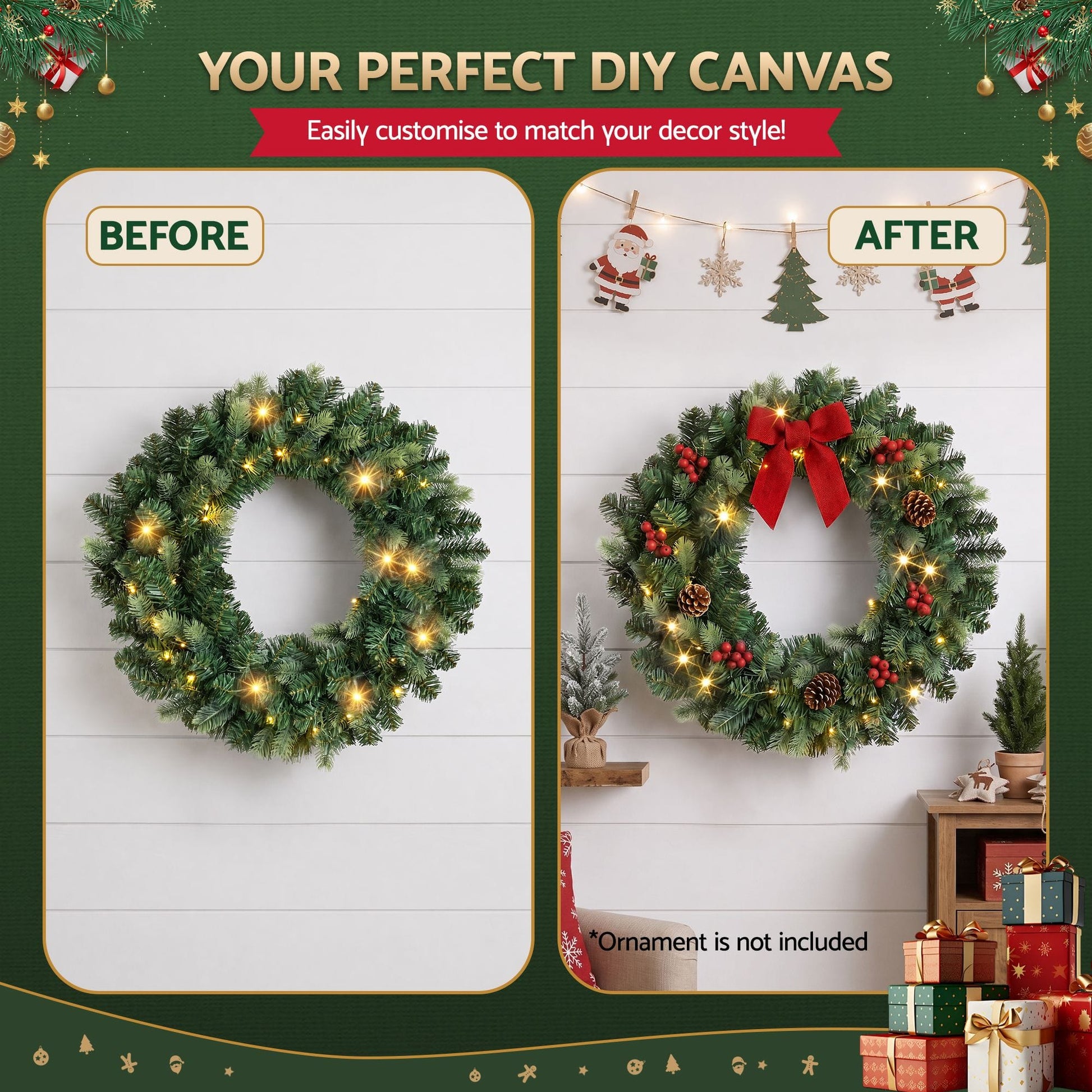 Jingle Jollys Occasions > Christmas > Christmas Wreaths & Garlands Jingle Jollys 60cm Pre-Lit Christmas Wreath GarlandsWarm White LED Light Door Wreaths Battery Timer