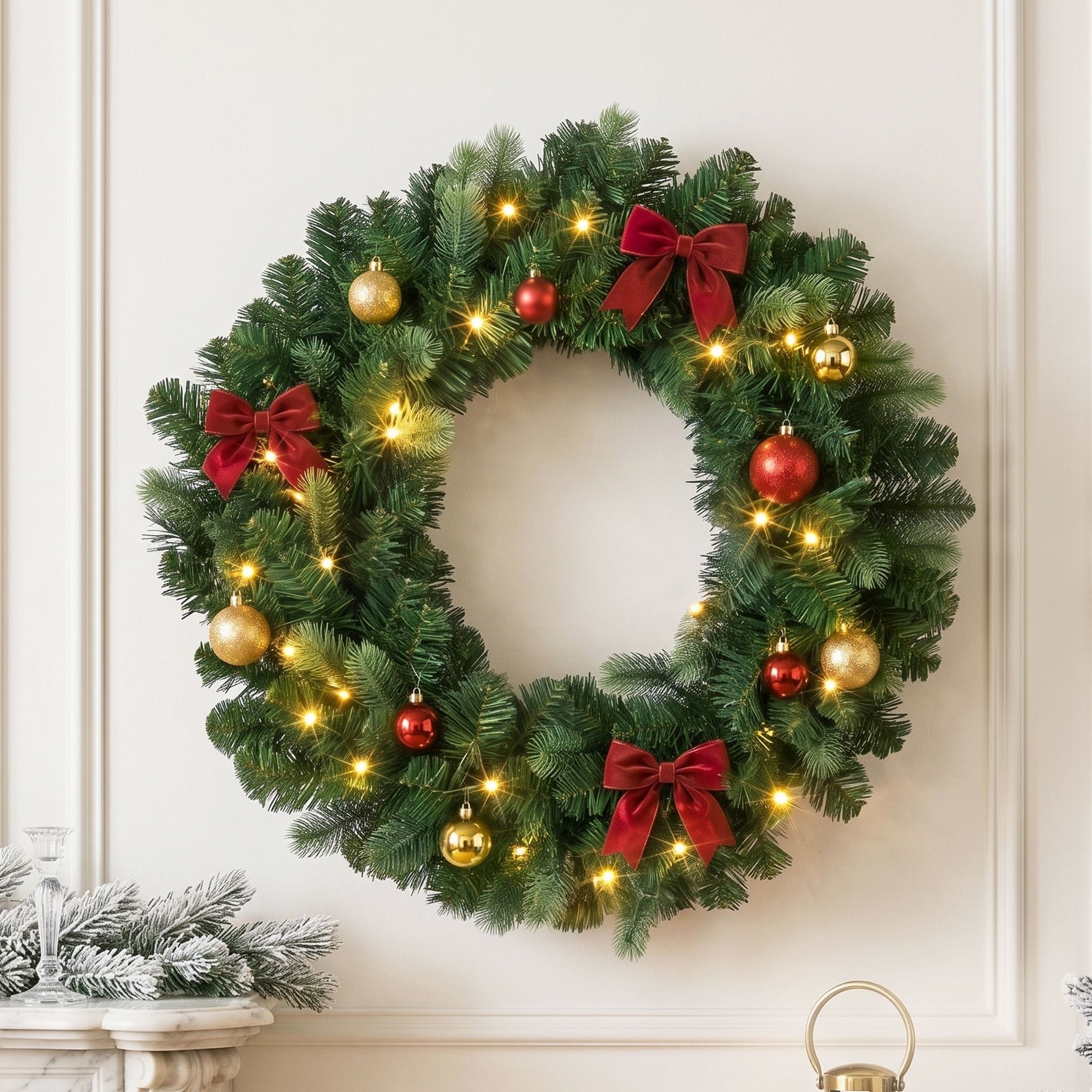 Jingle Jollys Occasions > Christmas > Christmas Wreaths & Garlands Jingle Jollys 60cm Pre-Lit Christmas Wreath GarlandsWarm White LED Light Door Wreaths Battery Timer