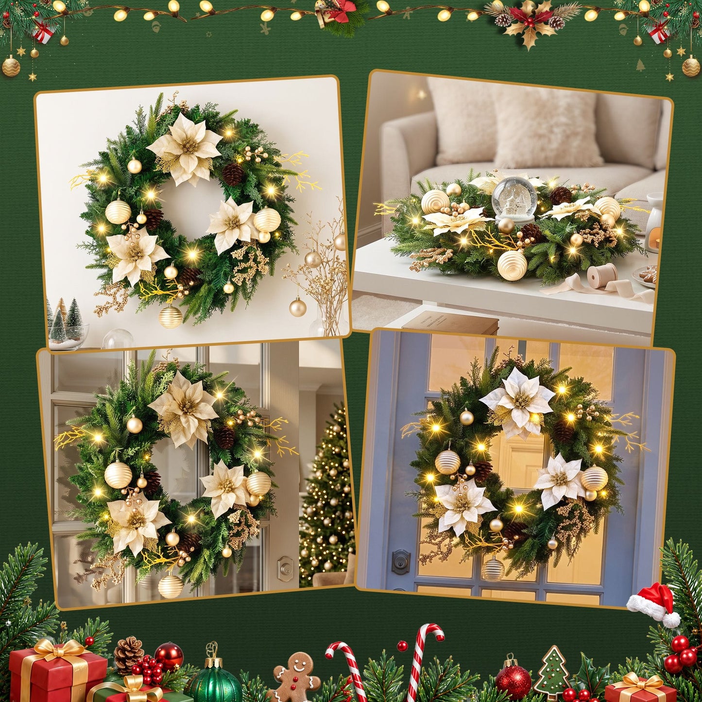 Jingle Jollys Occasions > Christmas > Christmas Wreaths & Garlands Jingle Jollys 60cm Pre-Lit Christmas Wreath LED Garlands Gold Flowers Pinecones Decor