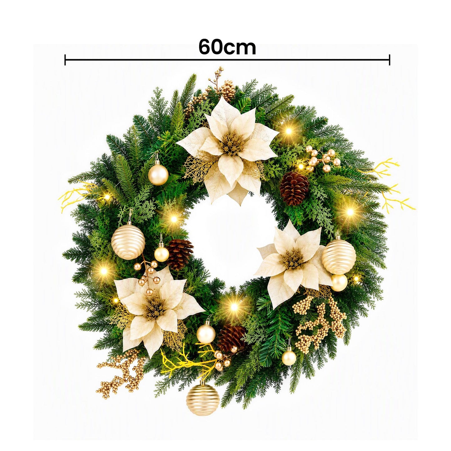 Jingle Jollys Occasions > Christmas > Christmas Wreaths & Garlands Jingle Jollys 60cm Pre-Lit Christmas Wreath LED Garlands Gold Flowers Pinecones Decor