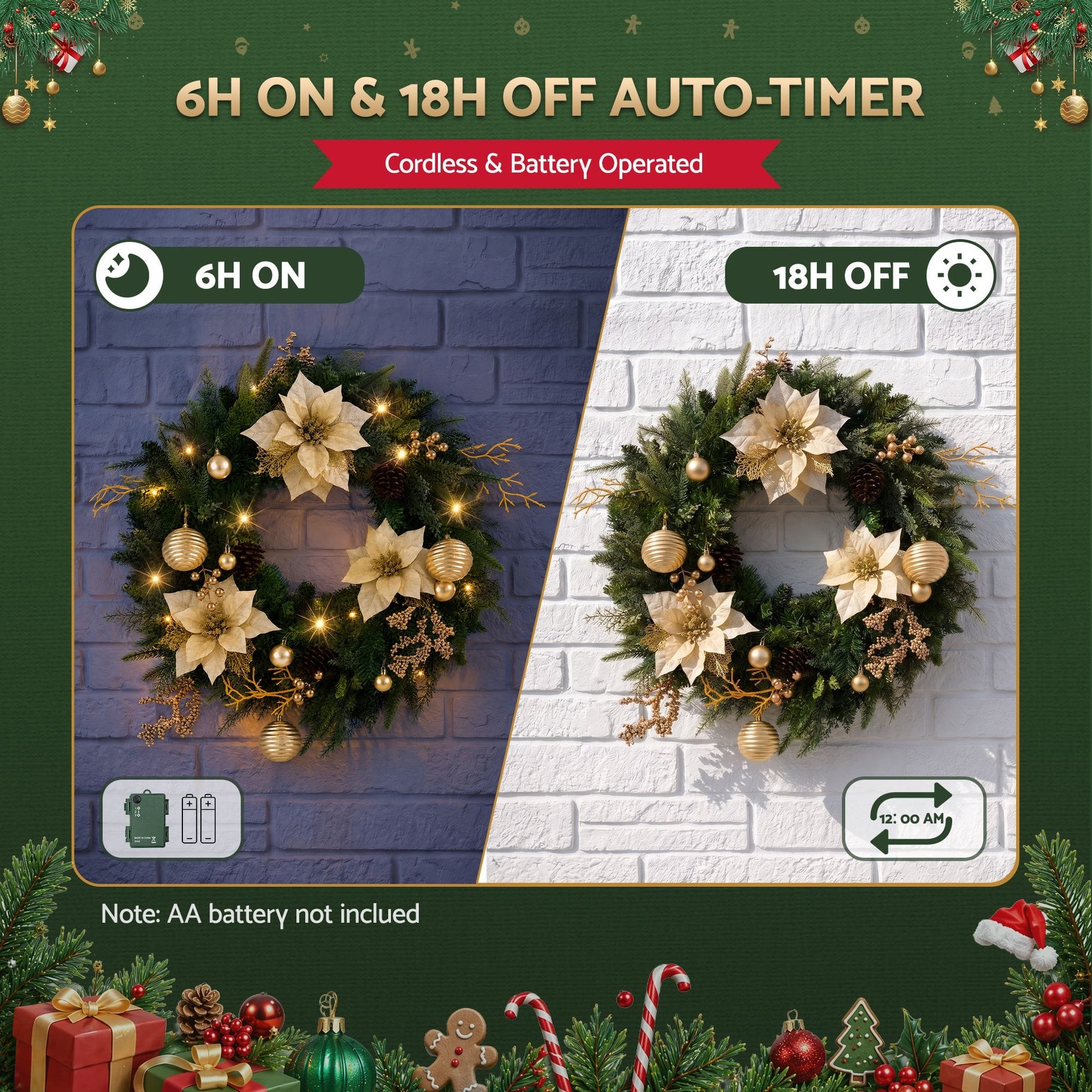 Jingle Jollys Occasions > Christmas > Christmas Wreaths & Garlands Jingle Jollys 60cm Pre-Lit Christmas Wreath LED Garlands Gold Flowers Pinecones Decor