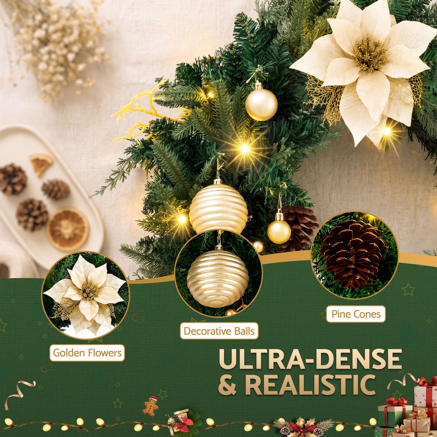 Jingle Jollys Occasions > Christmas > Christmas Wreaths & Garlands Jingle Jollys 60cm Pre-Lit Christmas Wreath LED Garlands Gold Flowers Pinecones Decor