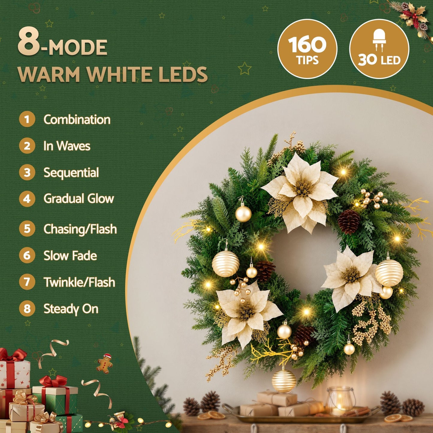 Jingle Jollys Occasions > Christmas > Christmas Wreaths & Garlands Jingle Jollys 60cm Pre-Lit Christmas Wreath LED Garlands Gold Flowers Pinecones Decor
