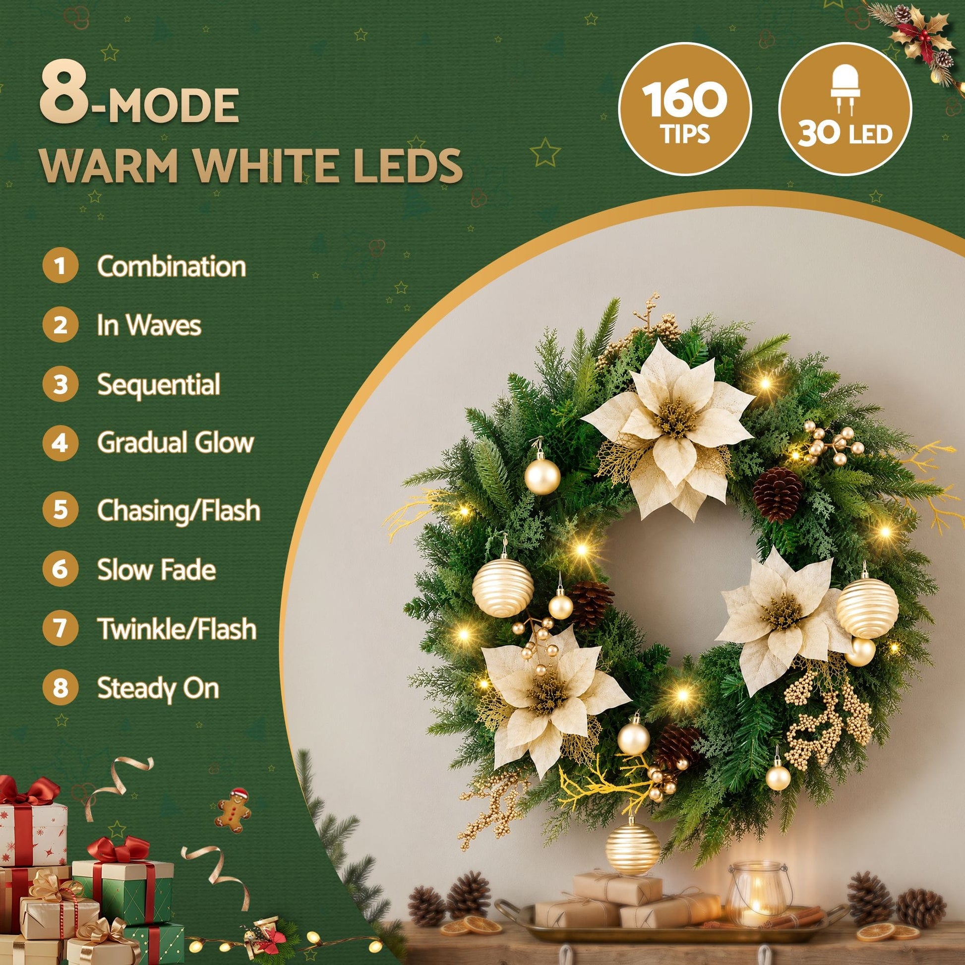 Jingle Jollys Occasions > Christmas > Christmas Wreaths & Garlands Jingle Jollys 60cm Pre-Lit Christmas Wreath LED Garlands Gold Flowers Pinecones Decor