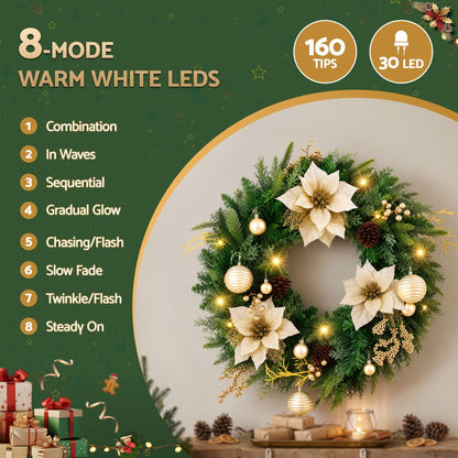 Jingle Jollys Occasions > Christmas > Christmas Wreaths & Garlands Jingle Jollys 60cm Pre-Lit Christmas Wreath LED Garlands Gold Flowers Pinecones Decor