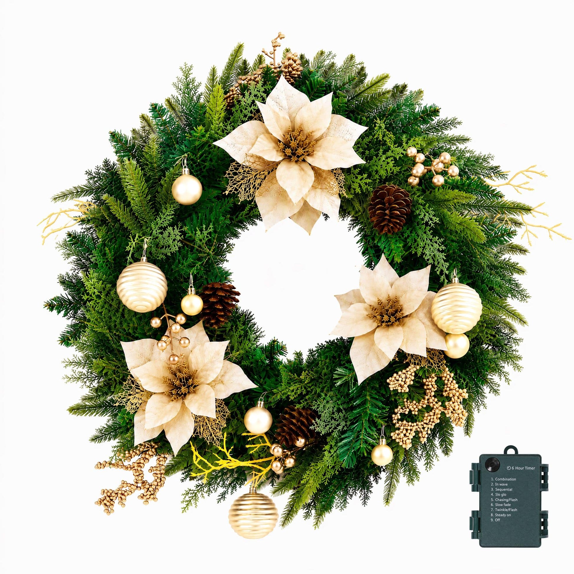 Jingle Jollys Occasions > Christmas > Christmas Wreaths & Garlands Jingle Jollys 60cm Pre-Lit Christmas Wreath LED Garlands Gold Flowers Pinecones Decor