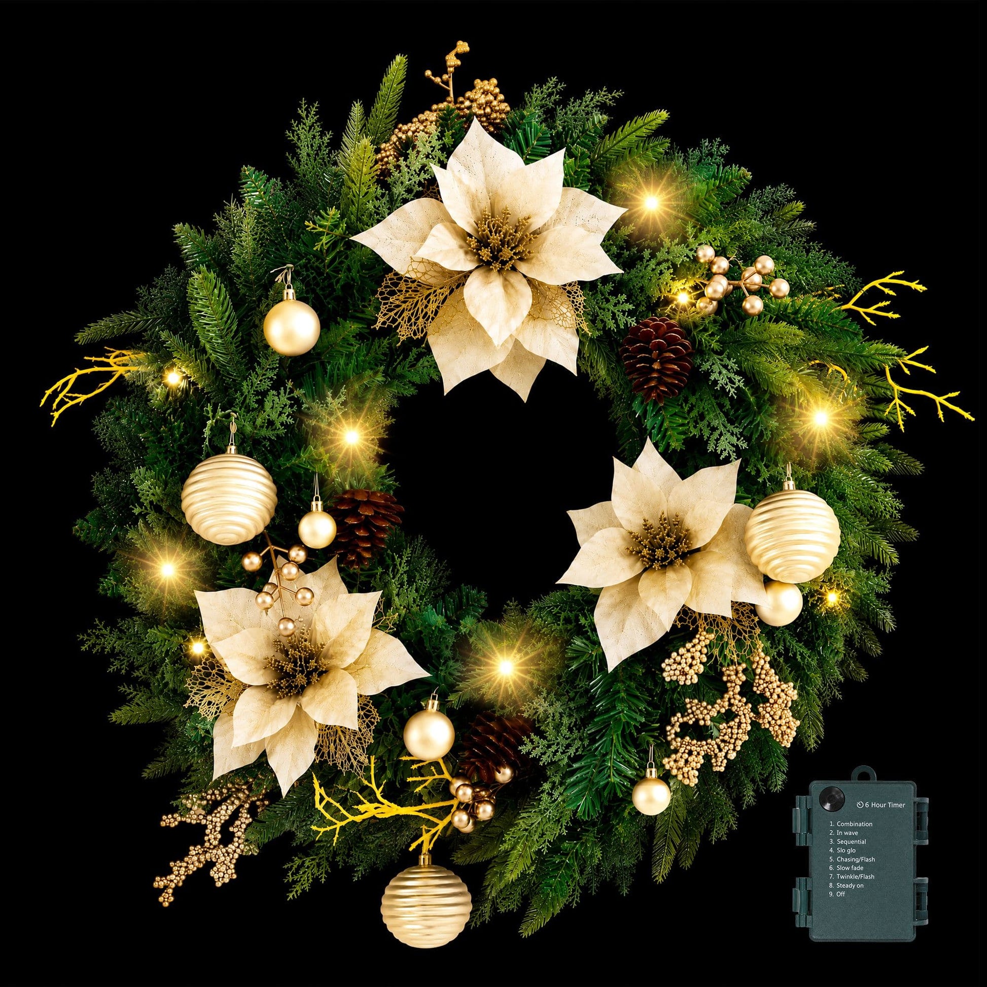 Jingle Jollys Occasions > Christmas > Christmas Wreaths & Garlands Jingle Jollys 60cm Pre-Lit Christmas Wreath LED Garlands Gold Flowers Pinecones Decor