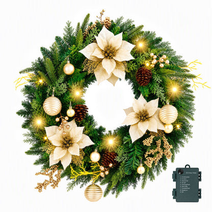 Jingle Jollys Occasions > Christmas > Christmas Wreaths & Garlands Jingle Jollys 60cm Pre-Lit Christmas Wreath LED Garlands Gold Flowers Pinecones Decor