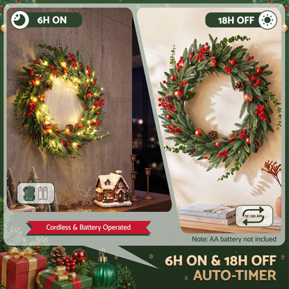 Jingle Jollys Occasions > Christmas > Christmas Wreaths & Garlands Jingle Jollys 60cm Pre-Lit Christmas Wreath LED Light Front Door Xmas Decor Garland
