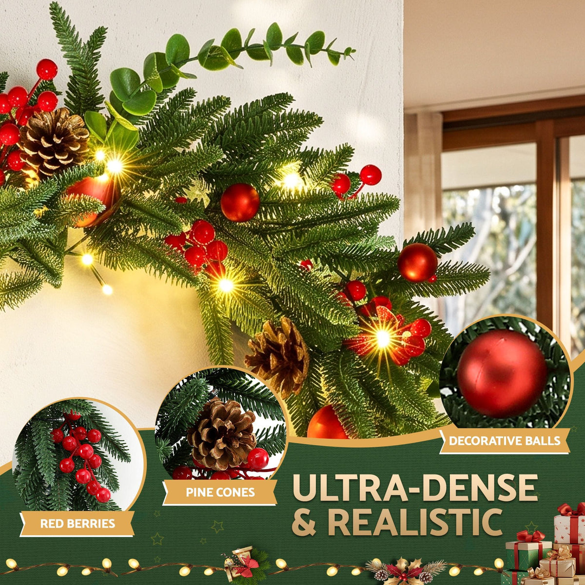 Jingle Jollys Occasions > Christmas > Christmas Wreaths & Garlands Jingle Jollys 60cm Pre-Lit Christmas Wreath LED Light Front Door Xmas Decor Garland