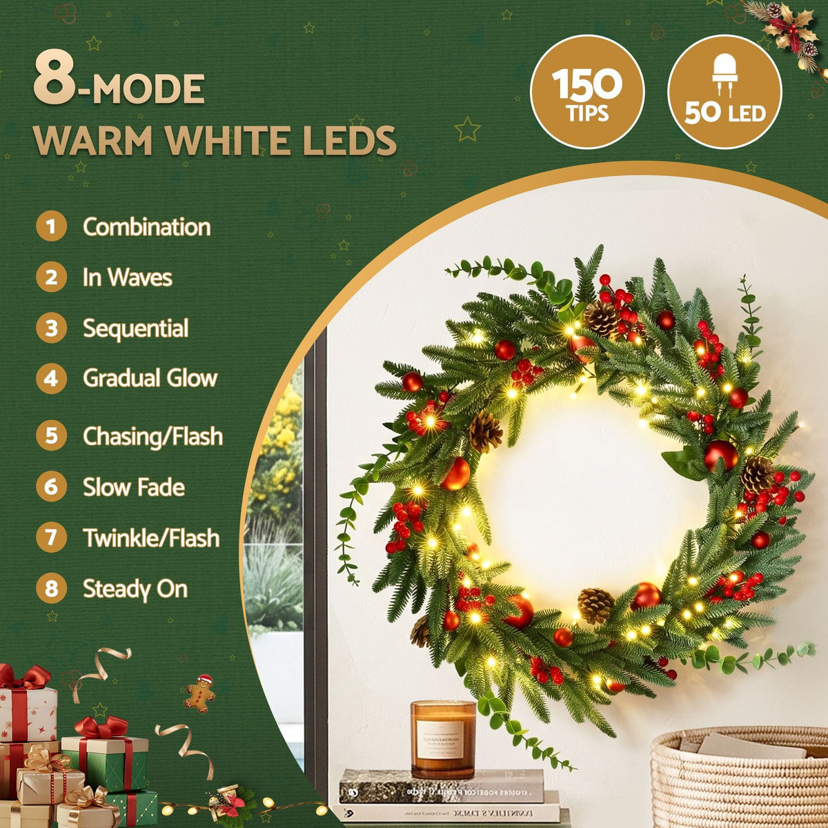 Jingle Jollys Occasions > Christmas > Christmas Wreaths & Garlands Jingle Jollys 60cm Pre-Lit Christmas Wreath LED Light Front Door Xmas Decor Garland
