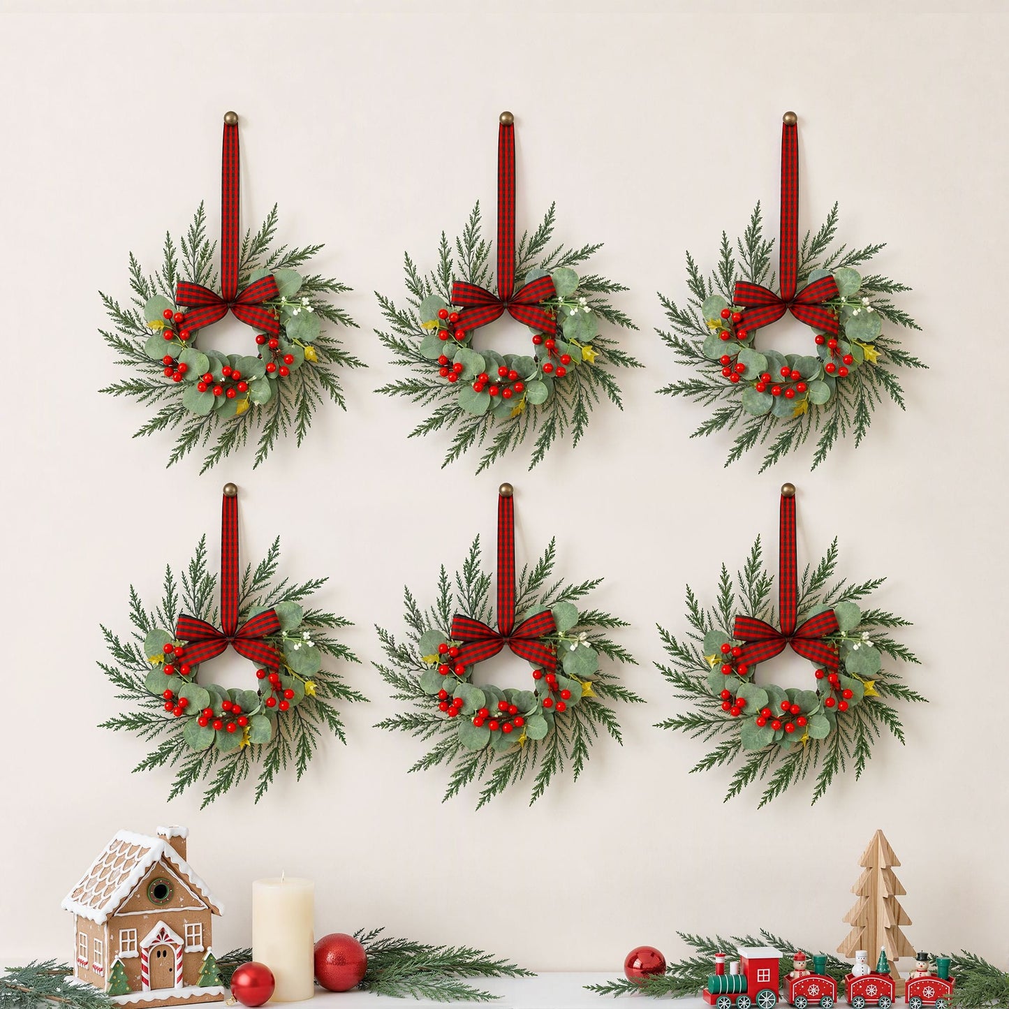 Jingle Jollys Occasions > Christmas > Christmas Wreaths & Garlands Jingle Jollys 6x Christmas Wreath Garland 26cm Pre-lit Wreaths Red Berries Bow