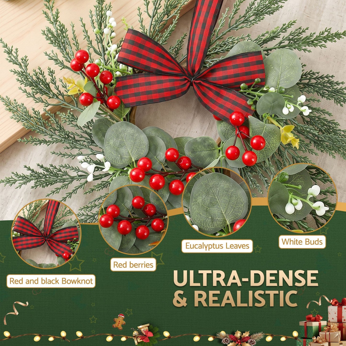 Jingle Jollys Occasions > Christmas > Christmas Wreaths & Garlands Jingle Jollys 6x Christmas Wreath Garland 26cm Pre-lit Wreaths Red Berries Bow