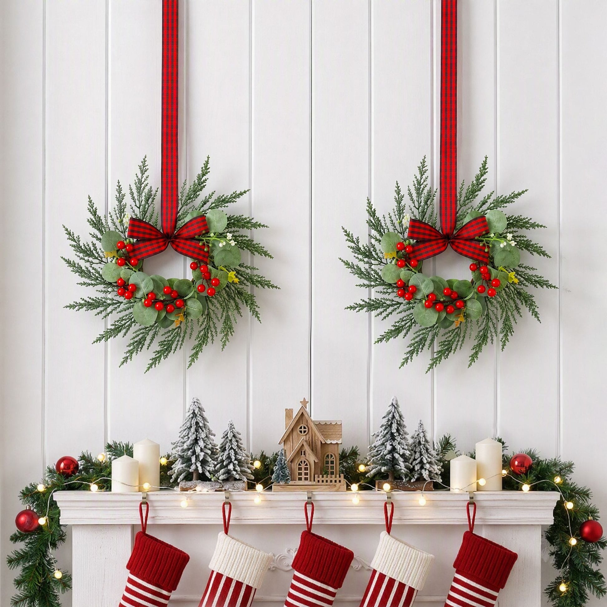 Jingle Jollys Occasions > Christmas > Christmas Wreaths & Garlands Jingle Jollys 6x Christmas Wreath Garland 26cm Pre-lit Wreaths Red Berries Bow
