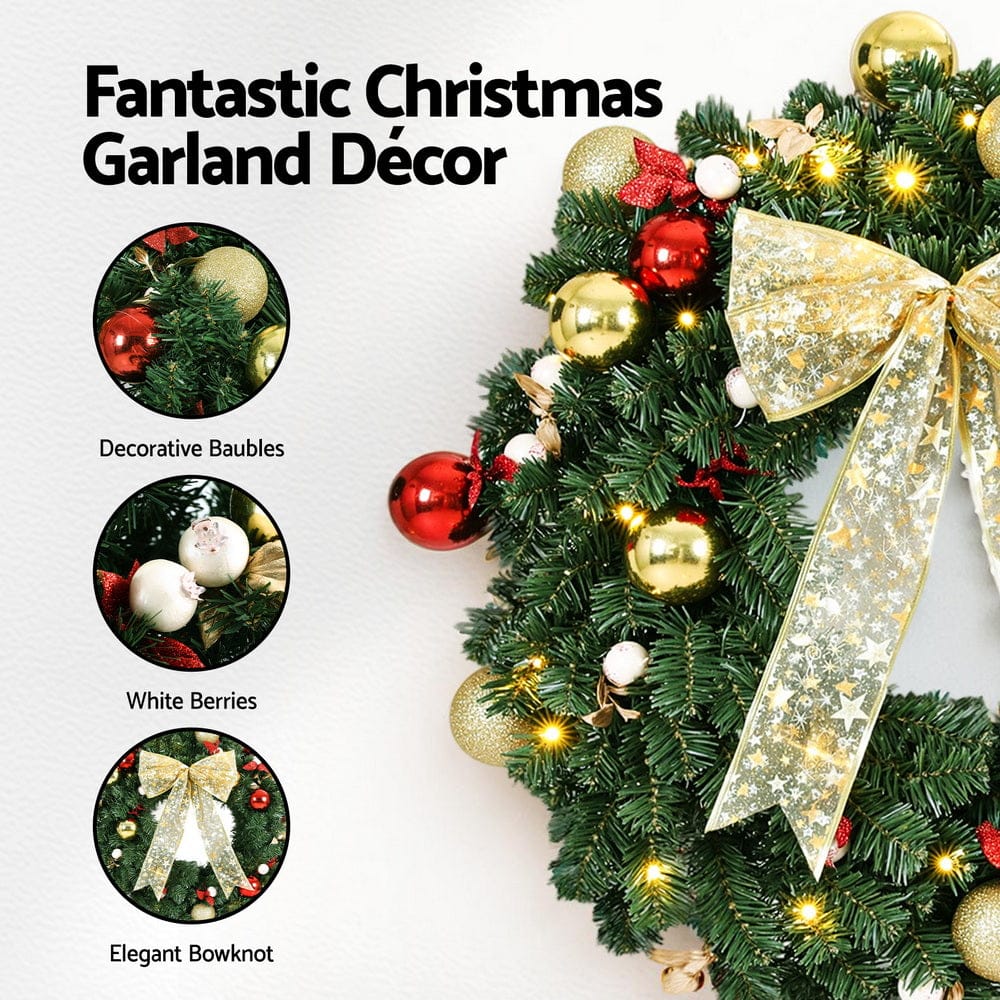 Jingle Jollys Occasions > Christmas > Christmas Wreaths & Garlands Jingle Jollys Christmas Wreath 60CM LED Garland Berries Bow Baubles Xmas Decor