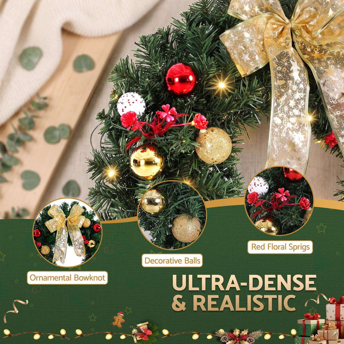 Jingle Jollys Occasions > Christmas > Christmas Wreaths & Garlands Jingle Jollys Christmas Wreath 60CM LED Garland Berries Bow Baubles Xmas Decor