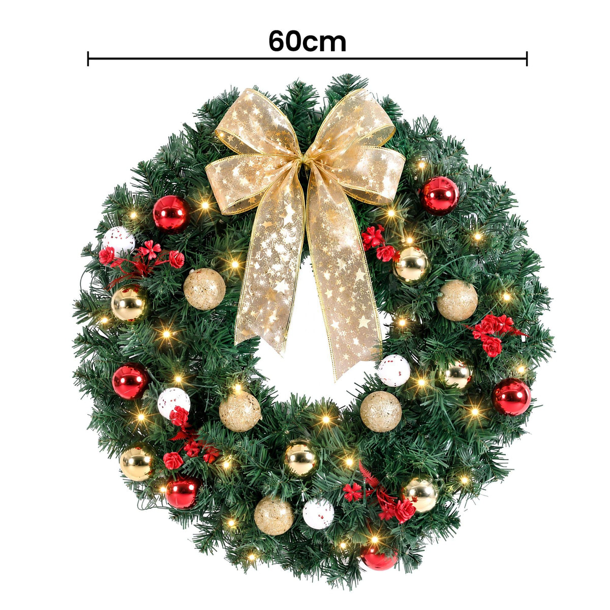 Jingle Jollys Occasions > Christmas > Christmas Wreaths & Garlands Jingle Jollys Christmas Wreath 60CM LED Garland Berries Bow Baubles Xmas Decor