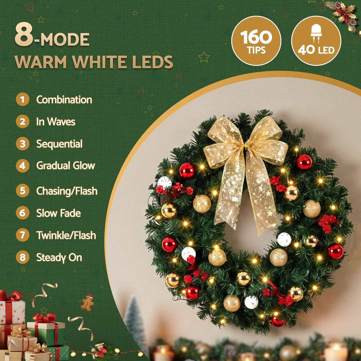 Jingle Jollys Occasions > Christmas > Christmas Wreaths & Garlands Jingle Jollys Christmas Wreath 60CM LED Garland Berries Bow Baubles Xmas Decor