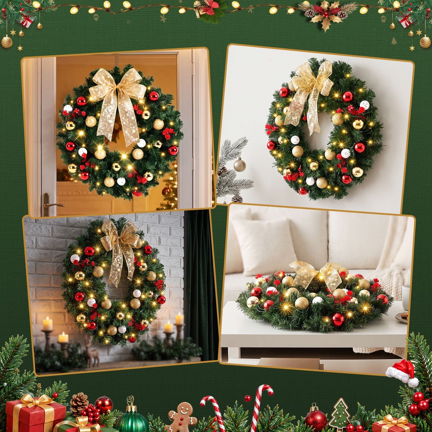 Jingle Jollys Occasions > Christmas > Christmas Wreaths & Garlands Jingle Jollys Christmas Wreath 60CM LED Garland Berries Bow Baubles Xmas Decor
