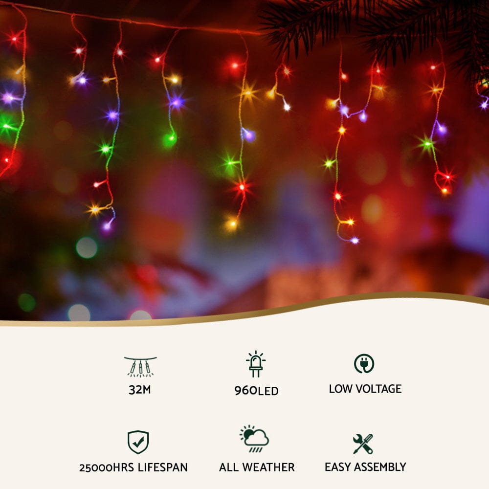 Jingle Jollys Occasions > Christmas > Outdoor Decorations & Lights 32M Christmas Lights Icicle Light 960 LED Multi-coloured Jingle Jollys