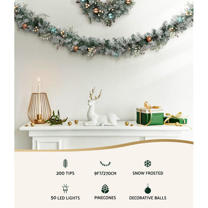 Jingle Jollys Occasions > Christmas > Outdoor Decorations & Lights Jingle Jollys 2.7m Christmas Garland with LED Lights Snowy Decoration Xmas Party