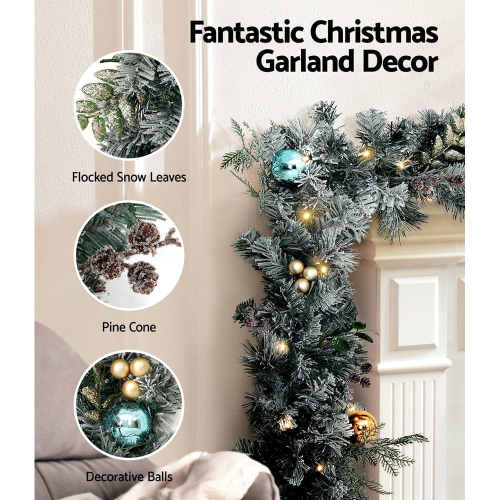 Jingle Jollys Occasions > Christmas > Outdoor Decorations & Lights Jingle Jollys 2.7m Christmas Garland with LED Lights Snowy Decoration Xmas Party