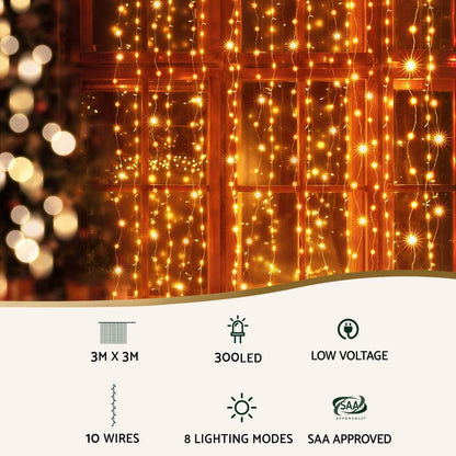 Jingle Jollys Occasions > Christmas > Outdoor Decorations & Lights Jingle Jollys 3X3M Christmas Lights Curtain String Light 300 LED Warm White