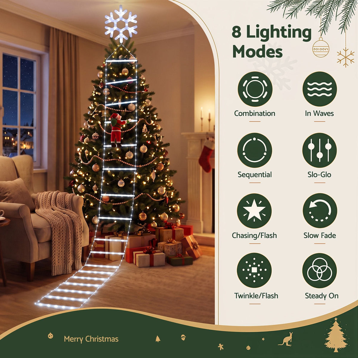 Jingle Jollys Occasions > Christmas > Outdoor Decorations & Lights Jingle Jollys Christmas Ladder Lights Santa 3.4m 328LED Hanging Decor Cool White