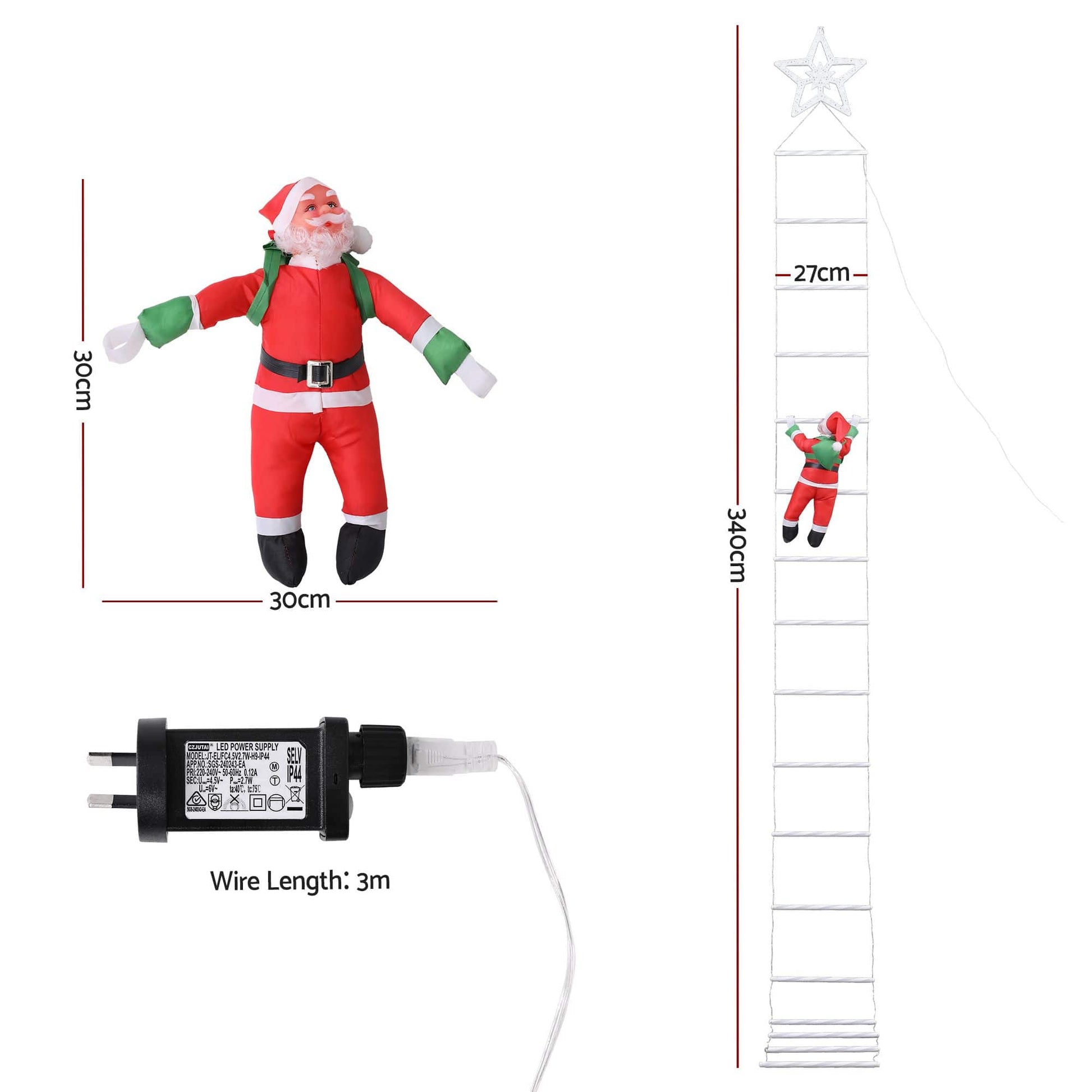 Jingle Jollys Occasions > Christmas > Outdoor Decorations & Lights Jingle Jollys Christmas Ladder Lights Santa 3.4m 328LED Hanging Decor Warm White