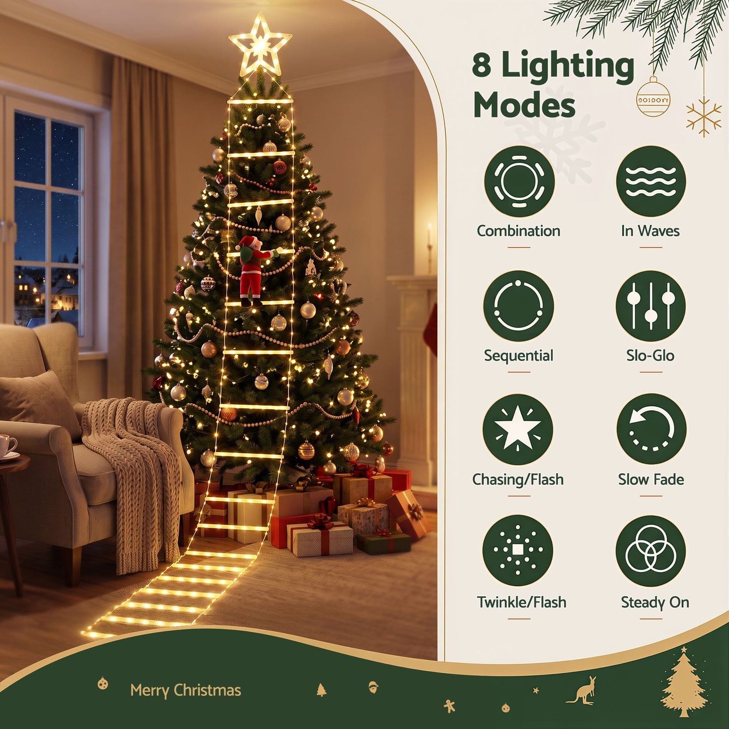 Jingle Jollys Occasions > Christmas > Outdoor Decorations & Lights Jingle Jollys Christmas Ladder Lights Santa 3.4m 328LED Hanging Decor Warm White