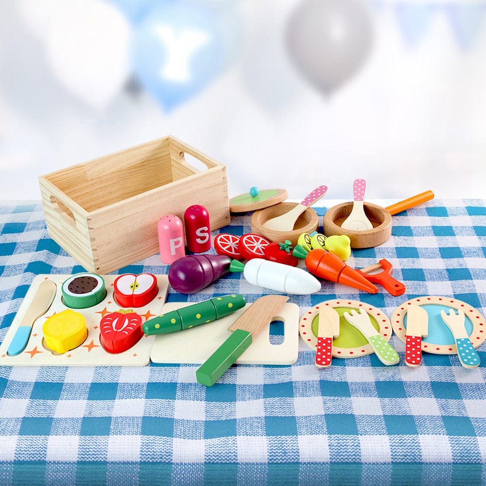 Keezi Baby & Kids > Baby & Kid's Toys > Pretend Play Keezi Kids Kitchen Play Set Wooden Pretend Toys Cooking Utensils Pots Pans Food