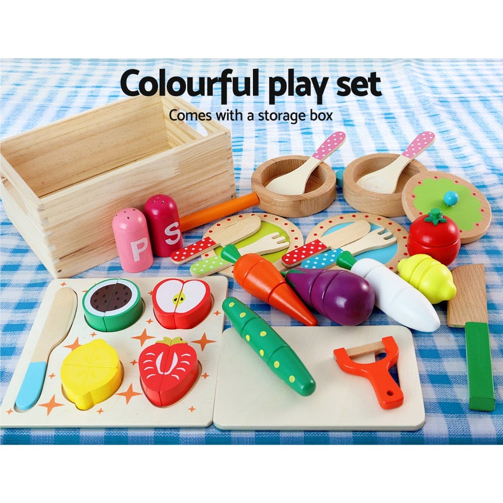 Keezi Baby & Kids > Baby & Kid's Toys > Pretend Play Keezi Kids Kitchen Play Set Wooden Pretend Toys Cooking Utensils Pots Pans Food