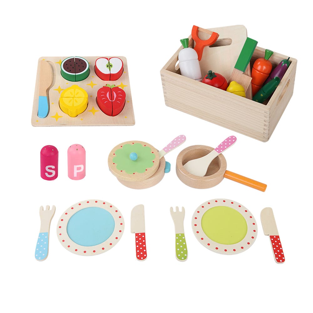 Keezi Baby & Kids > Baby & Kid's Toys > Pretend Play Keezi Kids Kitchen Play Set Wooden Pretend Toys Cooking Utensils Pots Pans Food