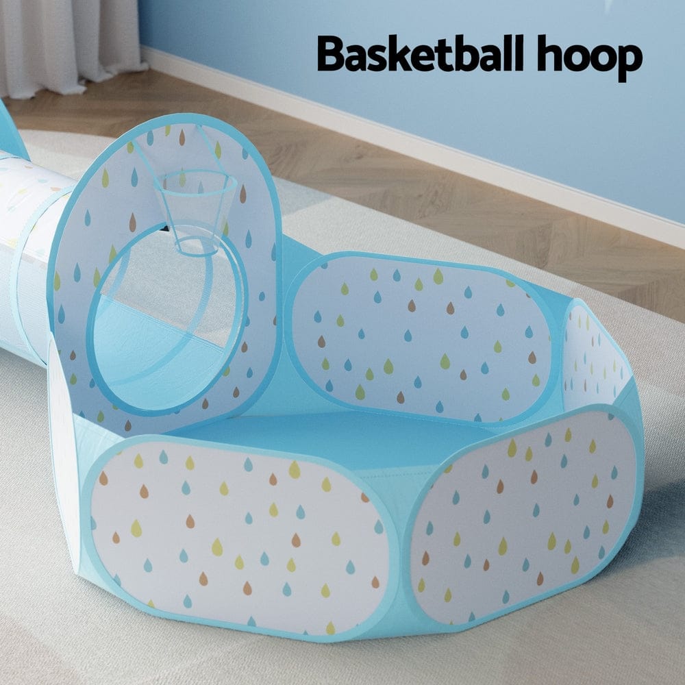 Keezi Baby & Kids > Baby & Kid's Toys > Pretend Play Keezi Kids Play Tent Pop Up Playhouse Ball Pit Tunnel Basketball Hoop Blue