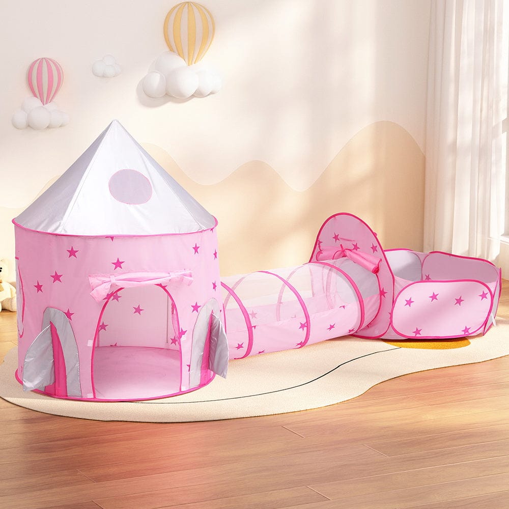 Keezi Baby & Kids > Baby & Kid's Toys > Pretend Play Keezi Kids Playhouse Play Tent Pop Up Castle Crawl Tunnel Basketball Hoop Pink