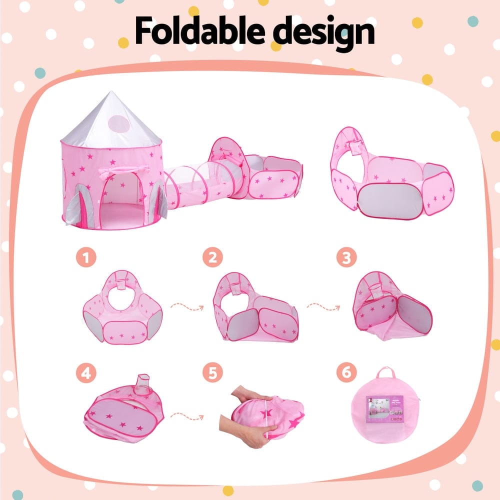 Keezi Baby & Kids > Baby & Kid's Toys > Pretend Play Keezi Kids Playhouse Play Tent Pop Up Castle Crawl Tunnel Basketball Hoop Pink