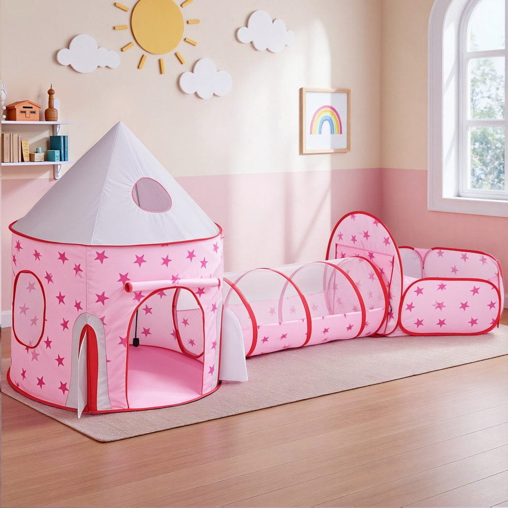 Keezi Baby & Kids > Baby & Kid's Toys > Pretend Play Keezi Kids Playhouse Play Tent Pop Up Castle Crawl Tunnel Basketball Hoop Pink