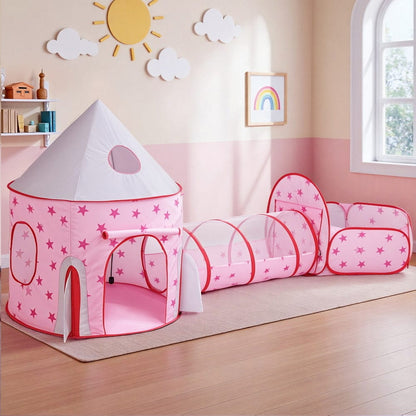 Keezi Baby & Kids > Baby & Kid's Toys > Pretend Play Keezi Kids Playhouse Play Tent Pop Up Castle Crawl Tunnel Basketball Hoop Pink