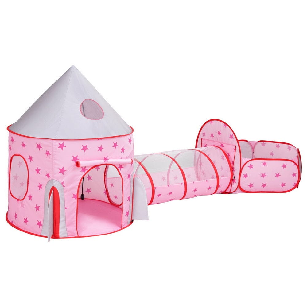 Keezi Baby & Kids > Baby & Kid's Toys > Pretend Play Keezi Kids Playhouse Play Tent Pop Up Castle Crawl Tunnel Basketball Hoop Pink