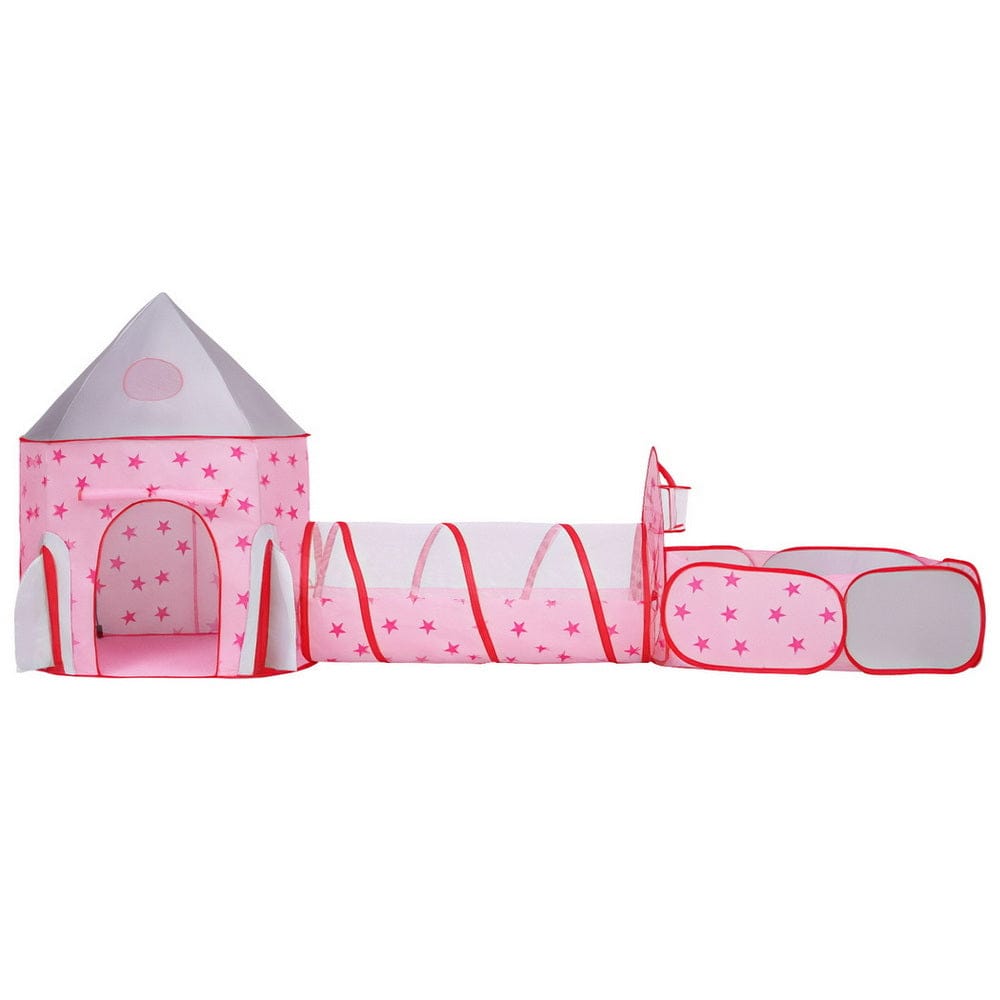 Keezi Baby & Kids > Baby & Kid's Toys > Pretend Play Keezi Kids Playhouse Play Tent Pop Up Castle Crawl Tunnel Basketball Hoop Pink
