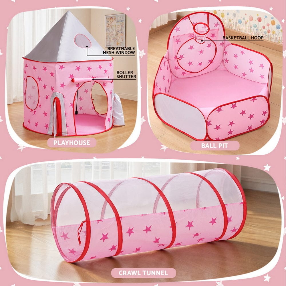 Keezi Baby & Kids > Baby & Kid's Toys > Pretend Play Keezi Kids Playhouse Play Tent Pop Up Castle Crawl Tunnel Basketball Hoop Pink