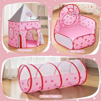 Keezi Baby & Kids > Baby & Kid's Toys > Pretend Play Keezi Kids Playhouse Play Tent Pop Up Castle Crawl Tunnel Basketball Hoop Pink