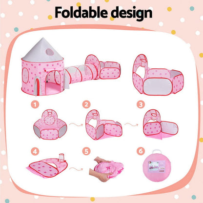Keezi Baby & Kids > Baby & Kid's Toys > Pretend Play Keezi Kids Playhouse Play Tent Pop Up Castle Crawl Tunnel Basketball Hoop Pink